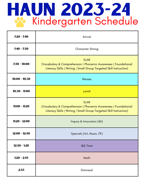 Kindergarten Daily Schedule